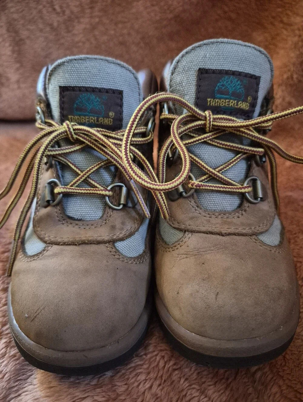 Size 10 - Timberland Kids Brown And Tan Boots With Black Rubber Soles